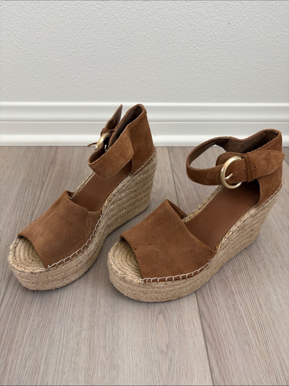 Women’s Brown Suede Espadrille Wedge Sandals with Ankle Strap